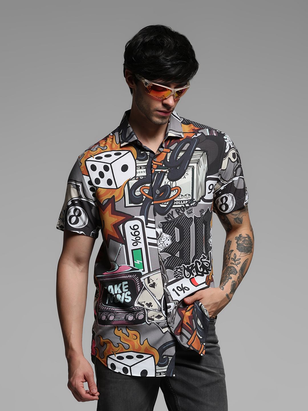 Grey Graphic Print Short Sleeves Shirt