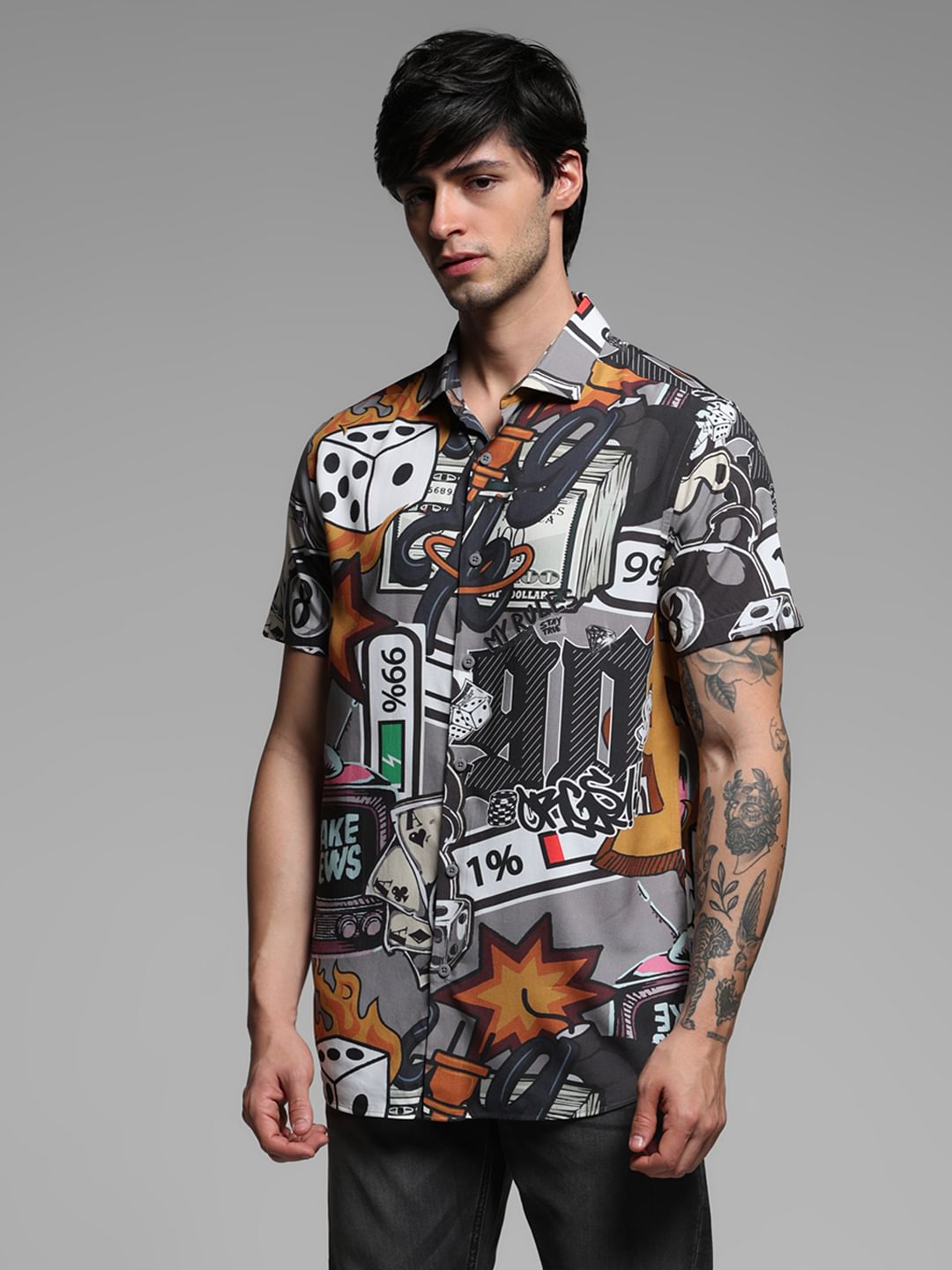 Grey Graphic Print Short Sleeves Shirt