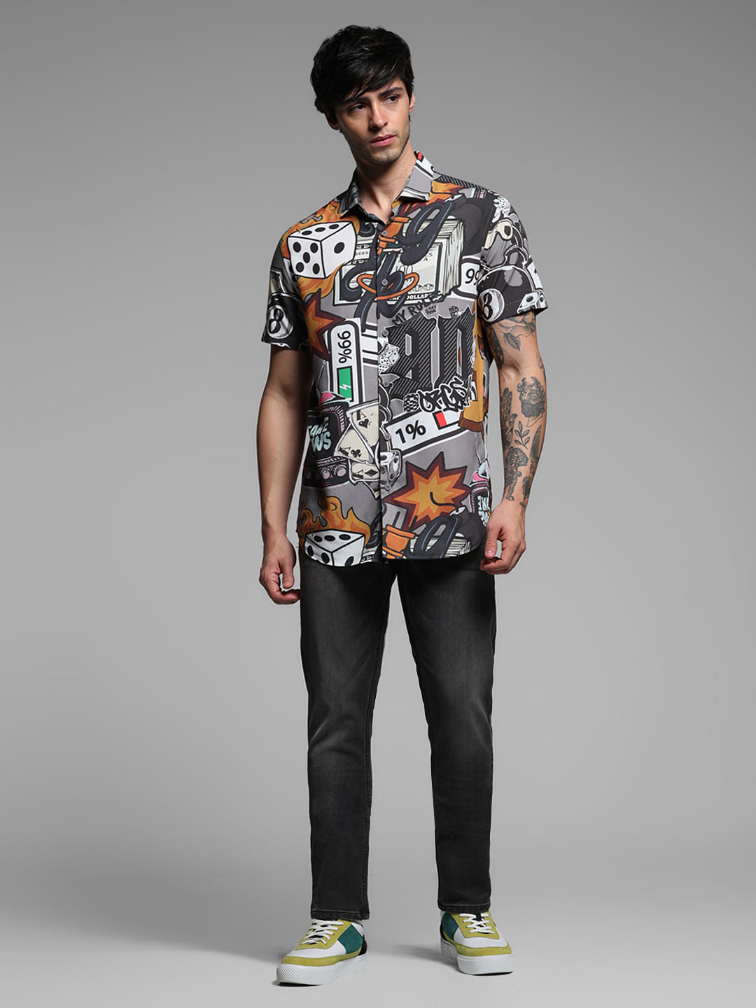 Grey Graphic Print Short Sleeves Shirt