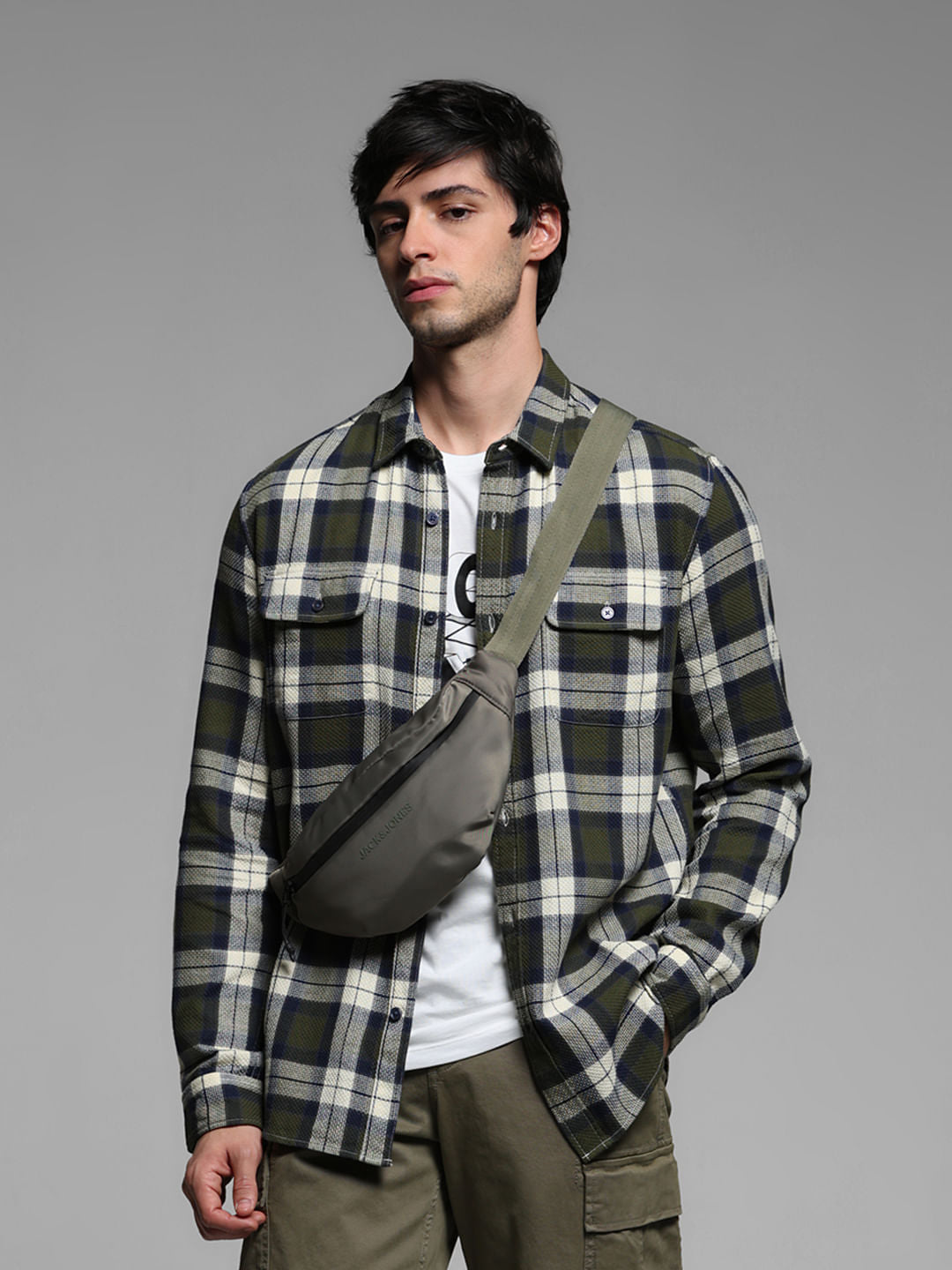 Grey Gingham Plaid Full Sleeves Shirt - S