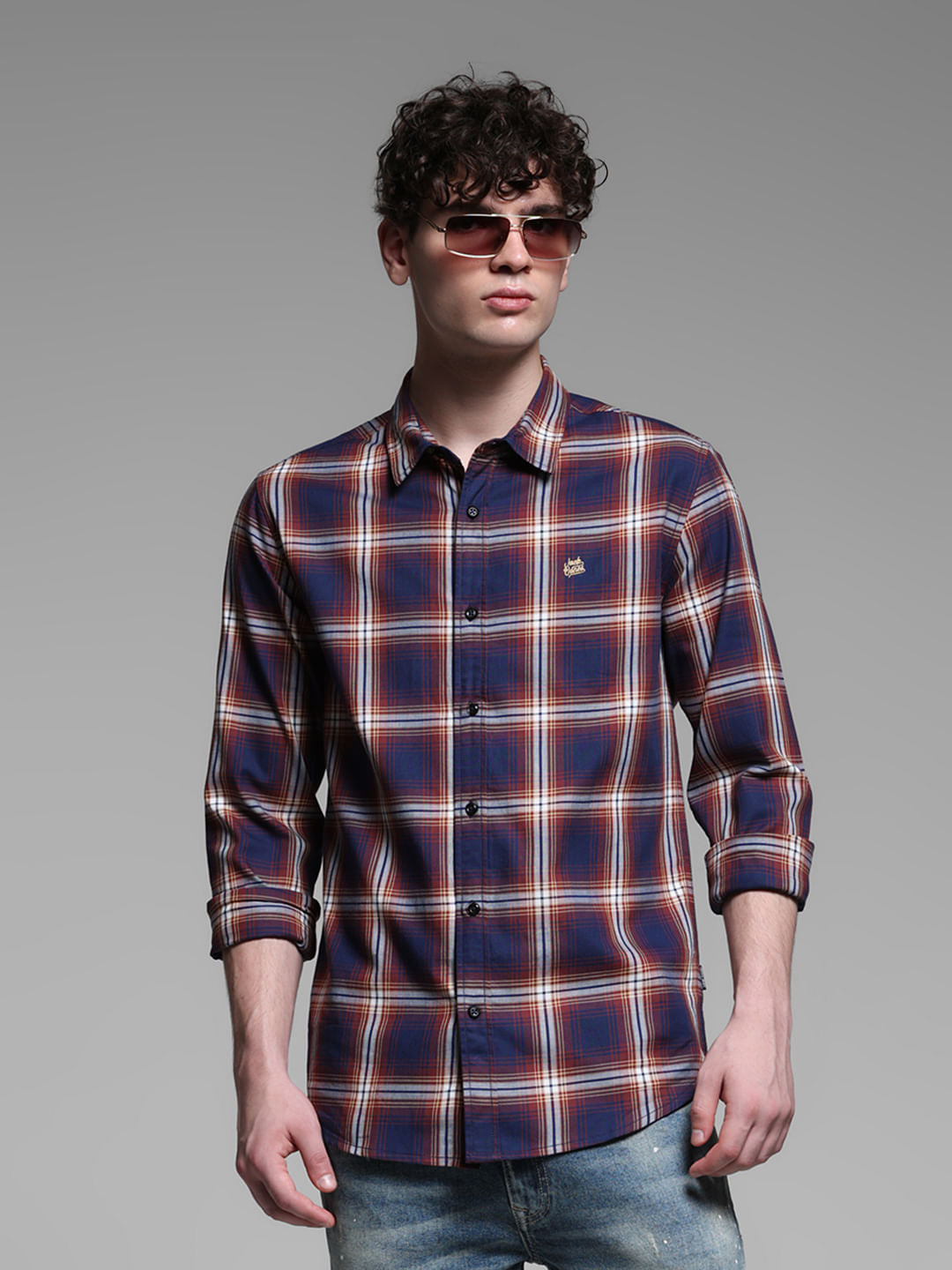 Blue Check Print Cotton Shirt - S