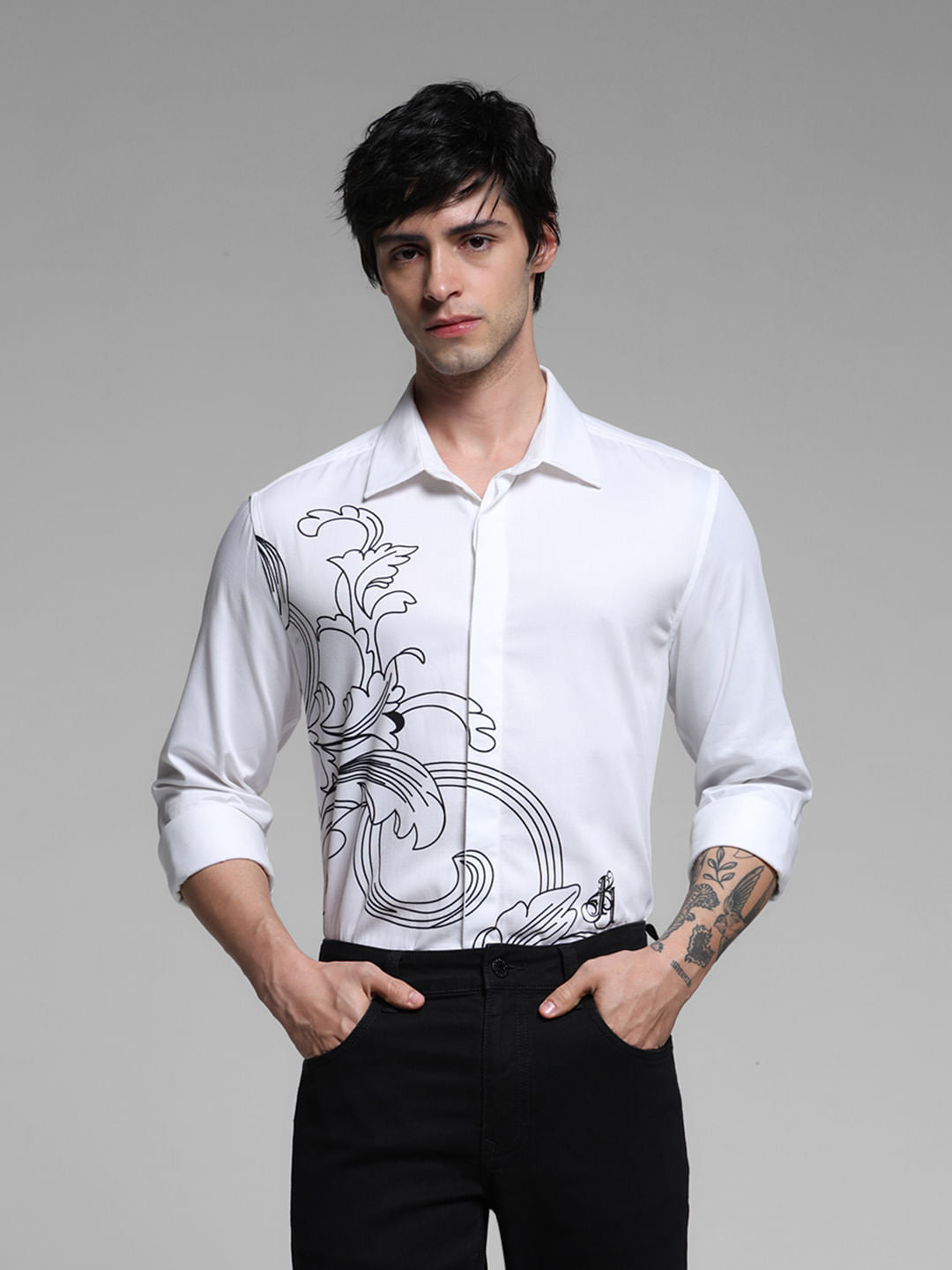 White Printed Full Sleeves Shirt - S