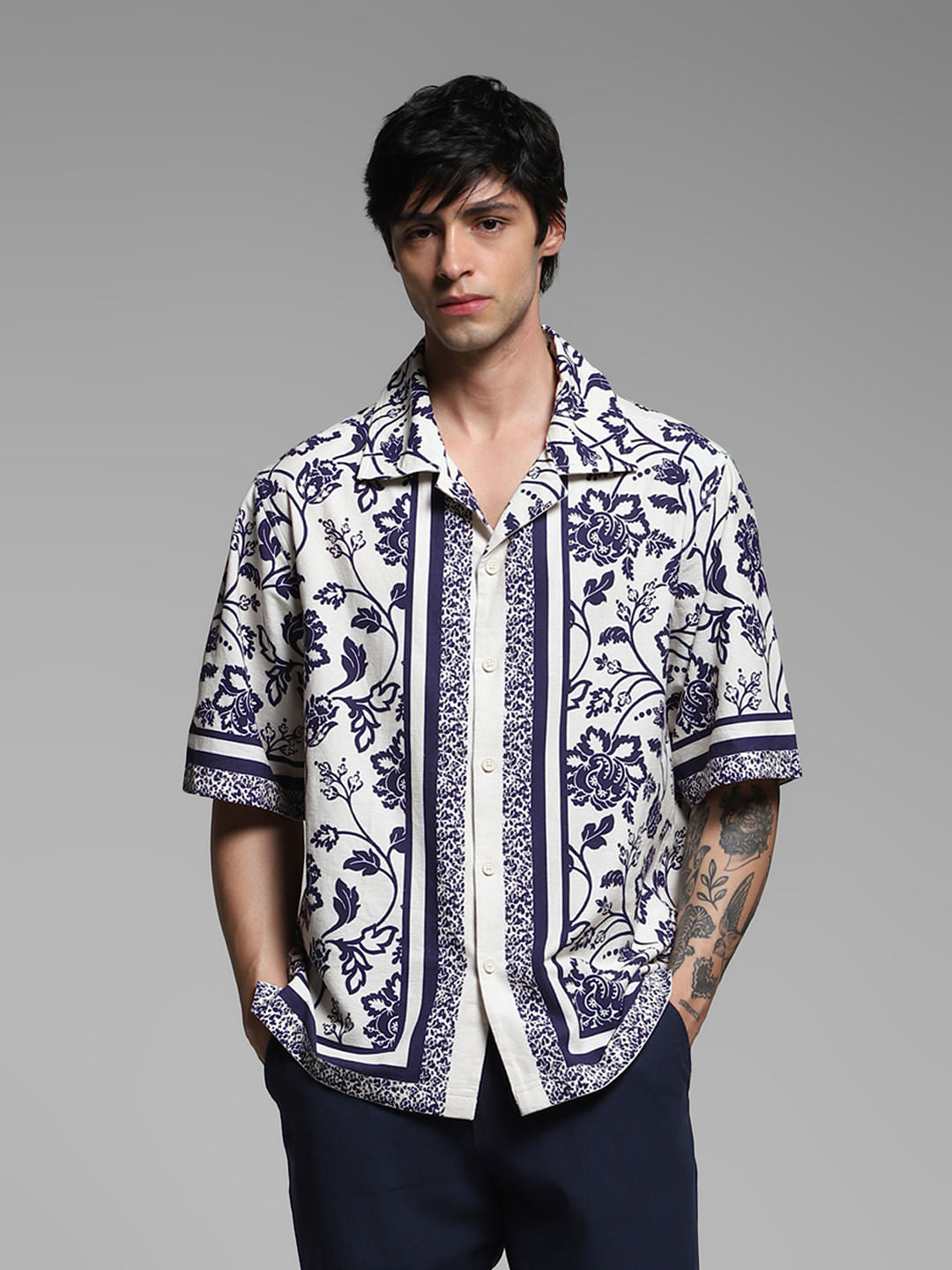 Blue Floral Oversized Shirt - S