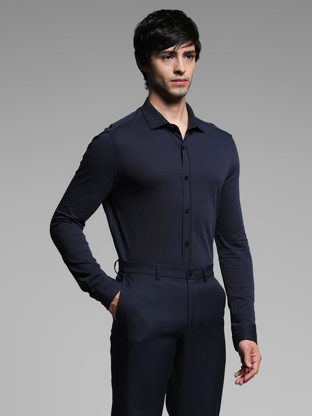 Blue Knitted Dobby Cotton Shirt