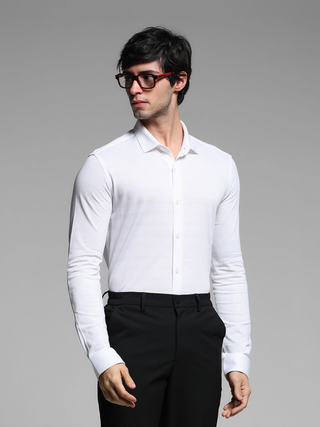 White Knitted Dobby Cotton Shirt - S