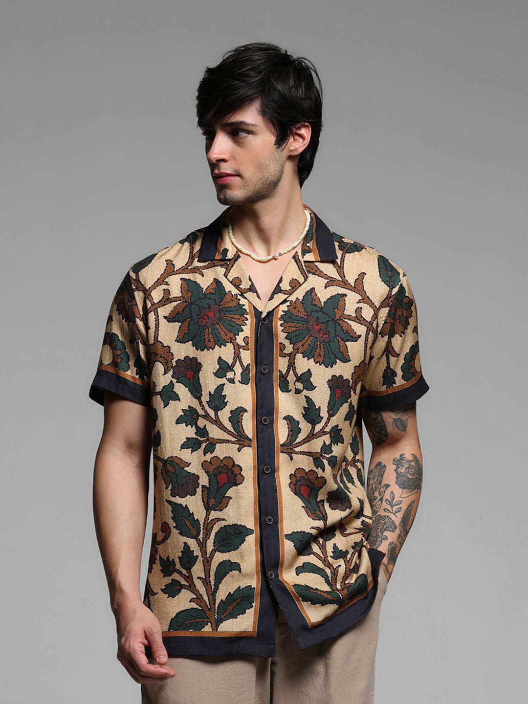 Beige Printed Short Sleeves Shirt - S