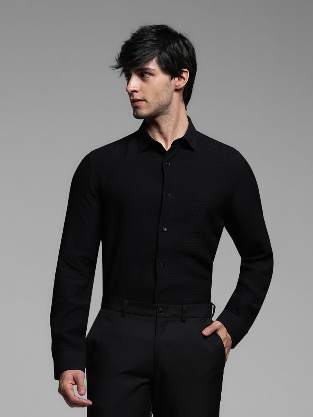 Black Dobby Full Sleeves Shirt - S