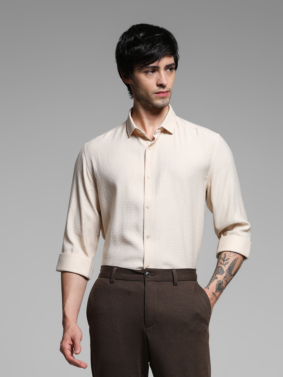 Beige Printed Dobby Viscose Shirt - S