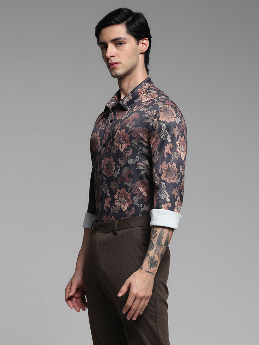Brown Floral Print Knitted Shirt
