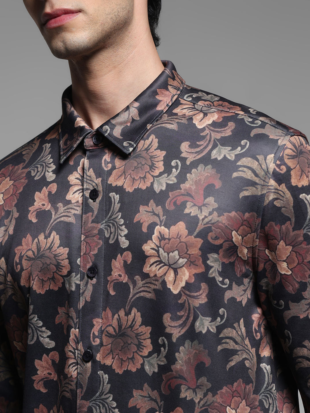 Brown Floral Print Knitted Shirt