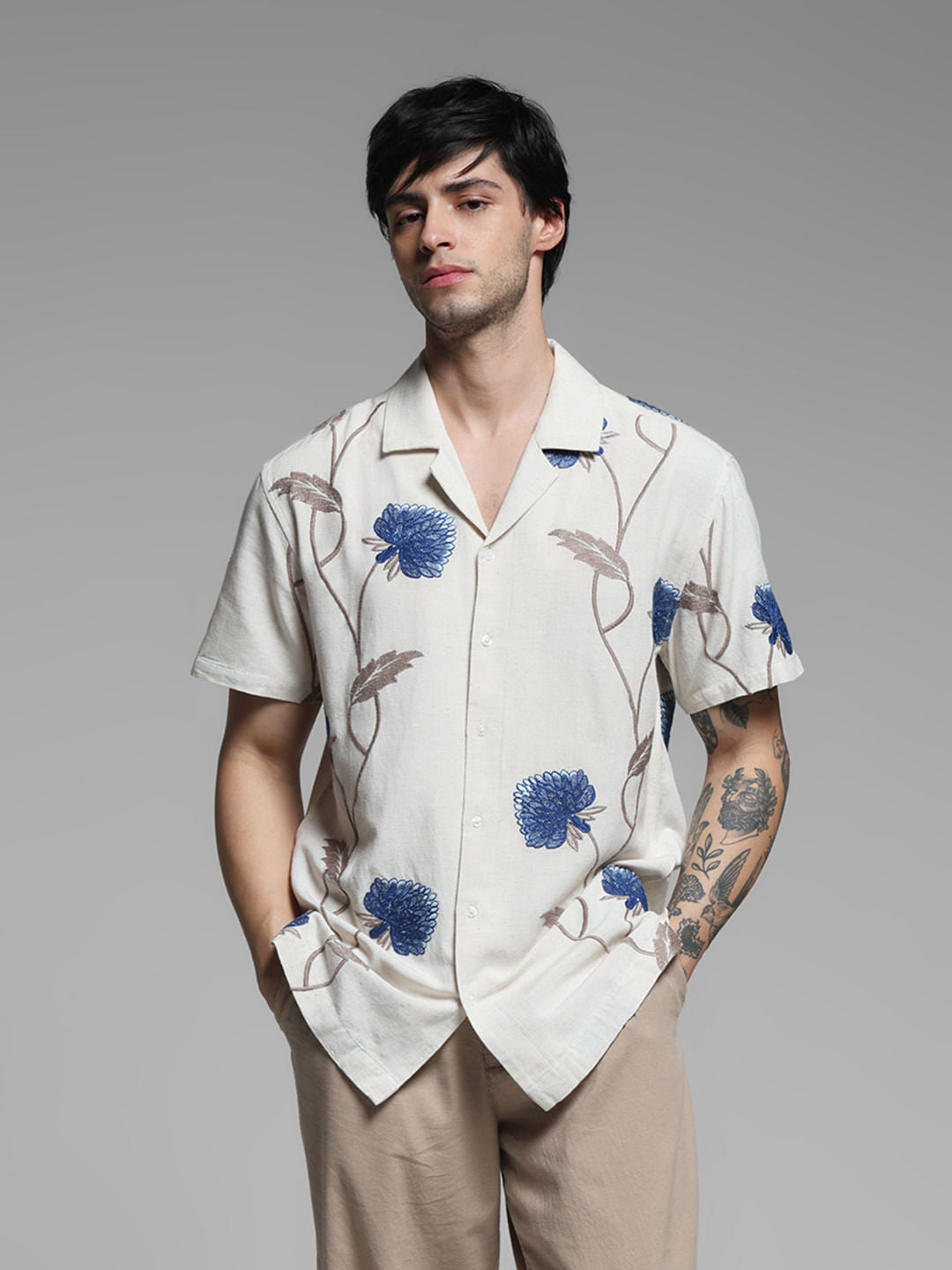 Light Brown Linen Floral Shirt - S