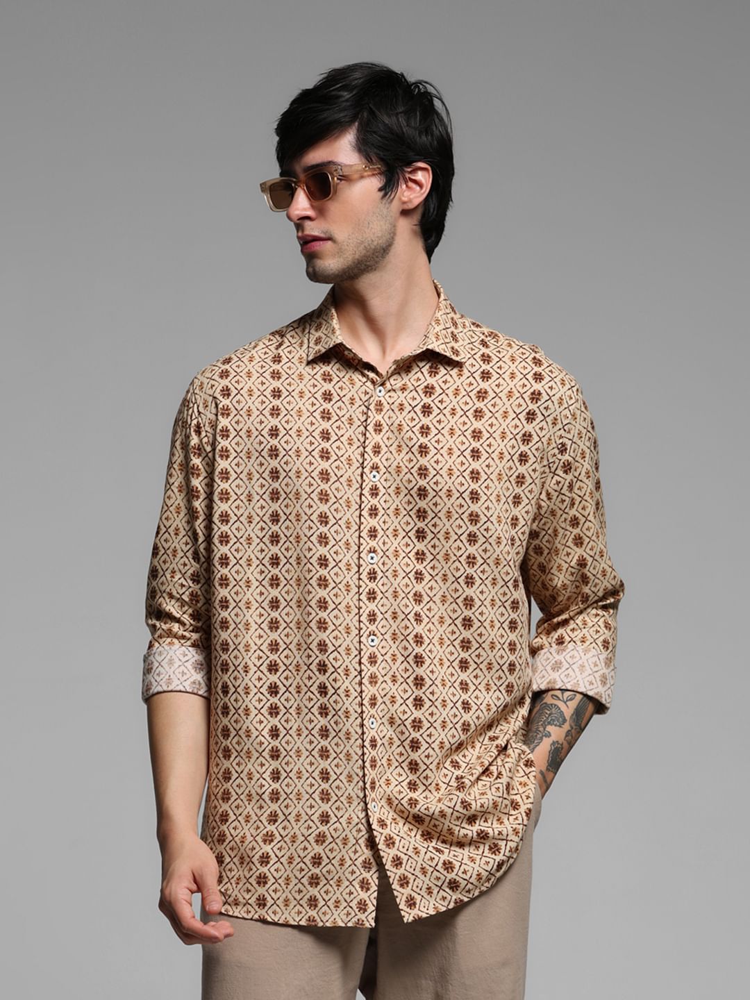 Brown Printed Linen Full Sleeves Shirt - S