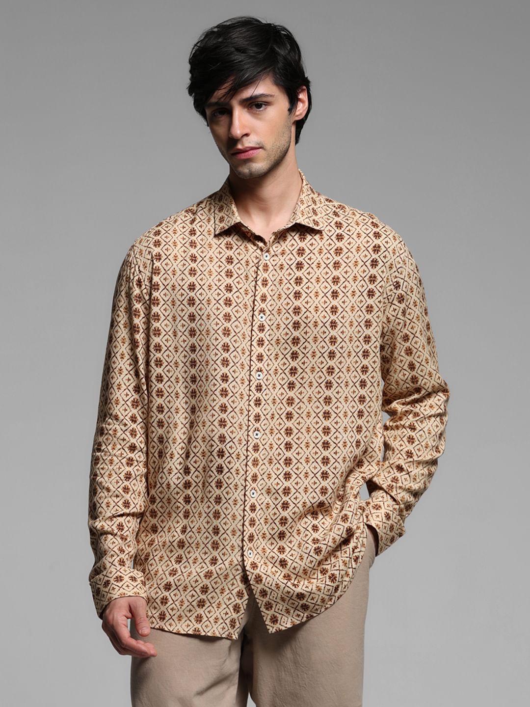 Brown Printed Linen Full Sleeves Shirt