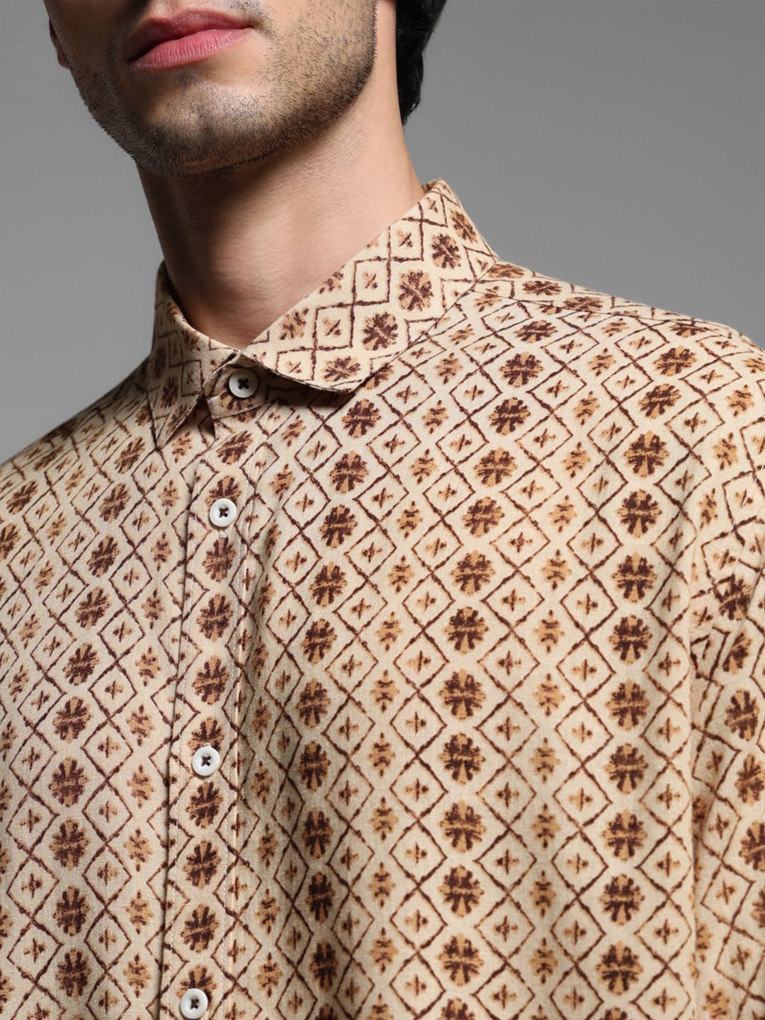 Brown Printed Linen Full Sleeves Shirt