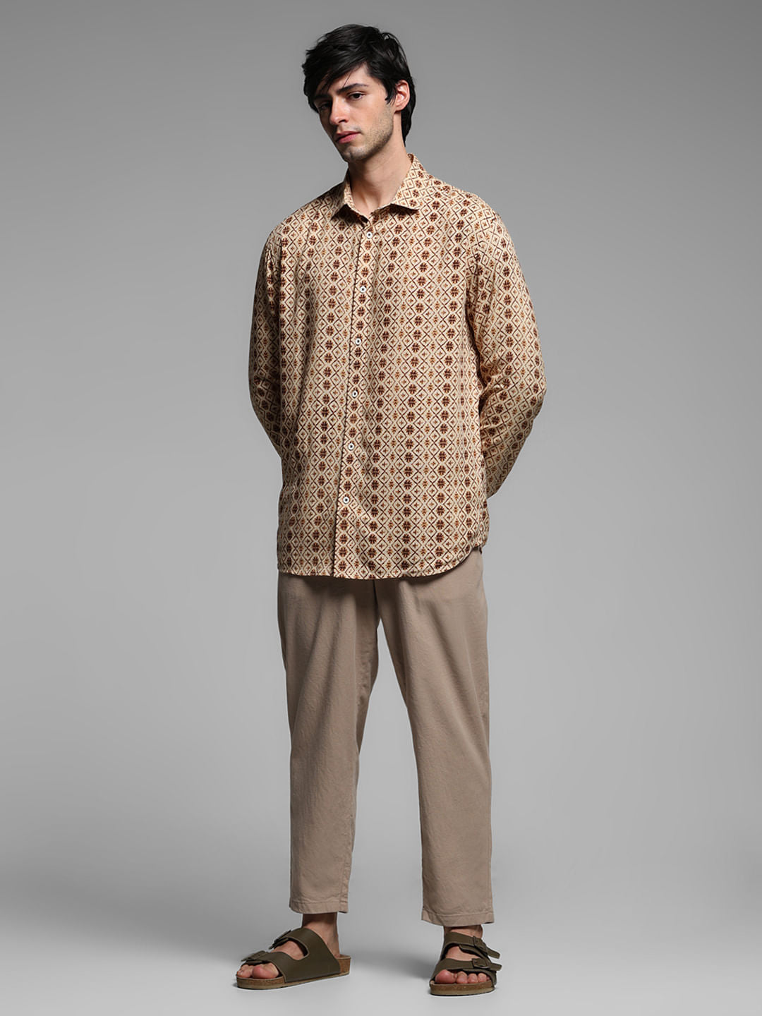 Brown Printed Linen Full Sleeves Shirt
