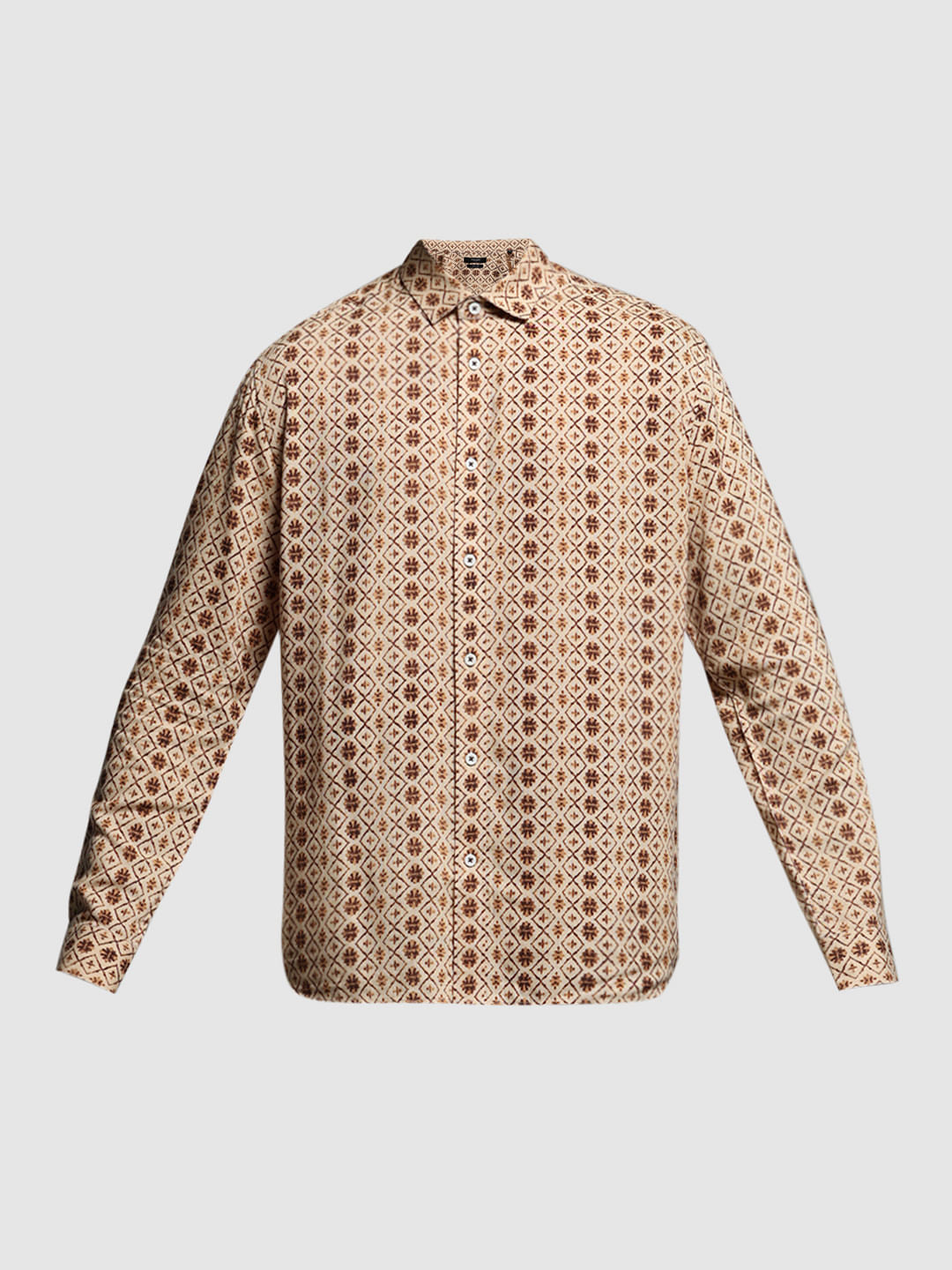 Brown Printed Linen Full Sleeves Shirt