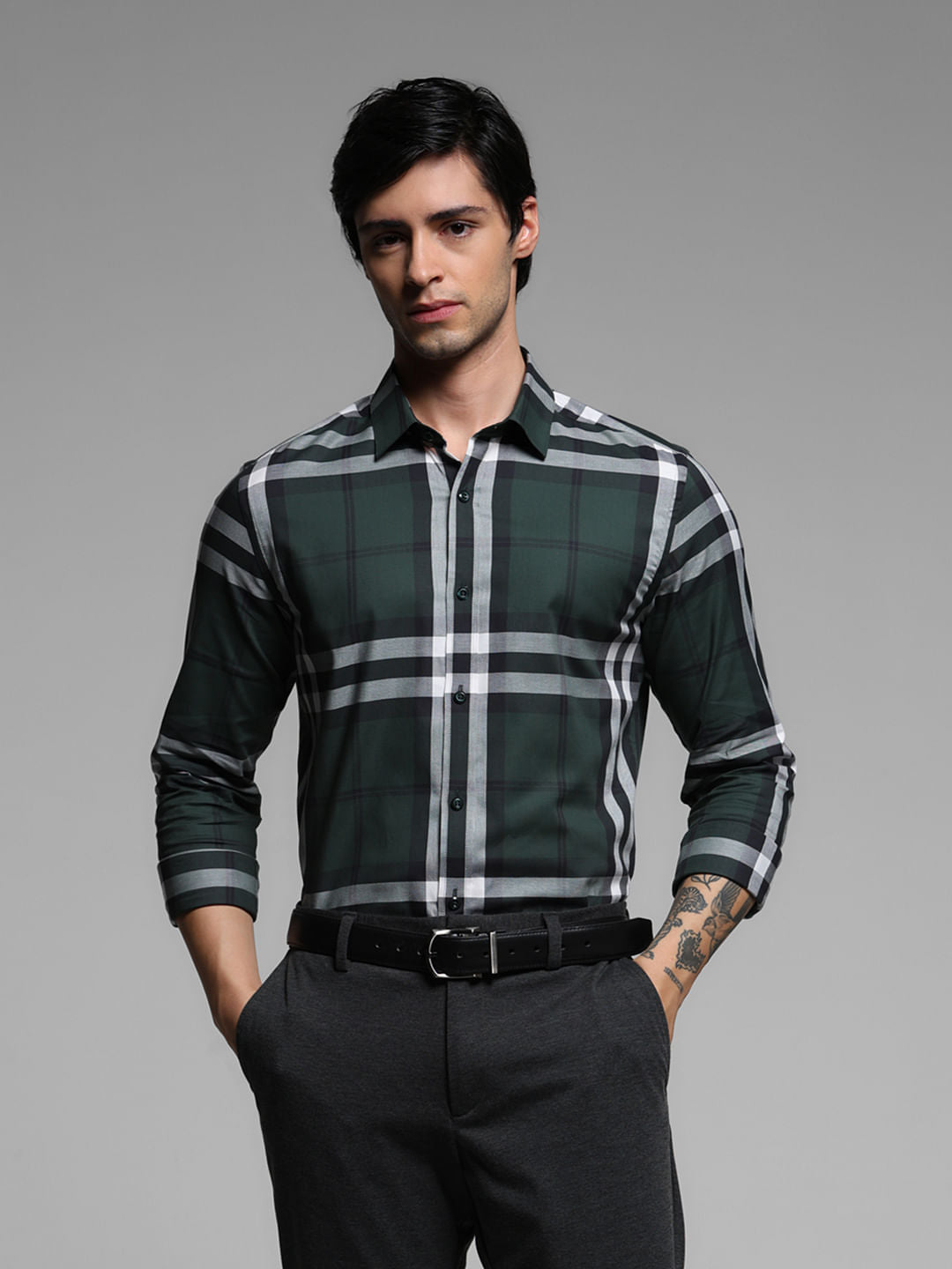 Green Check Print Full Sleeves Shirt - S