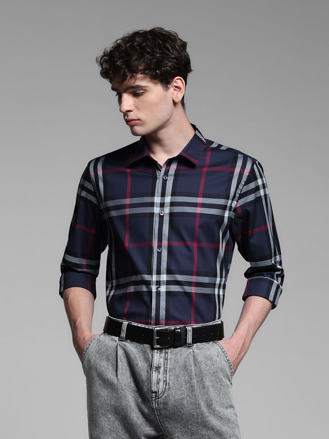 Navy Blue Check Stretch Shirt - S