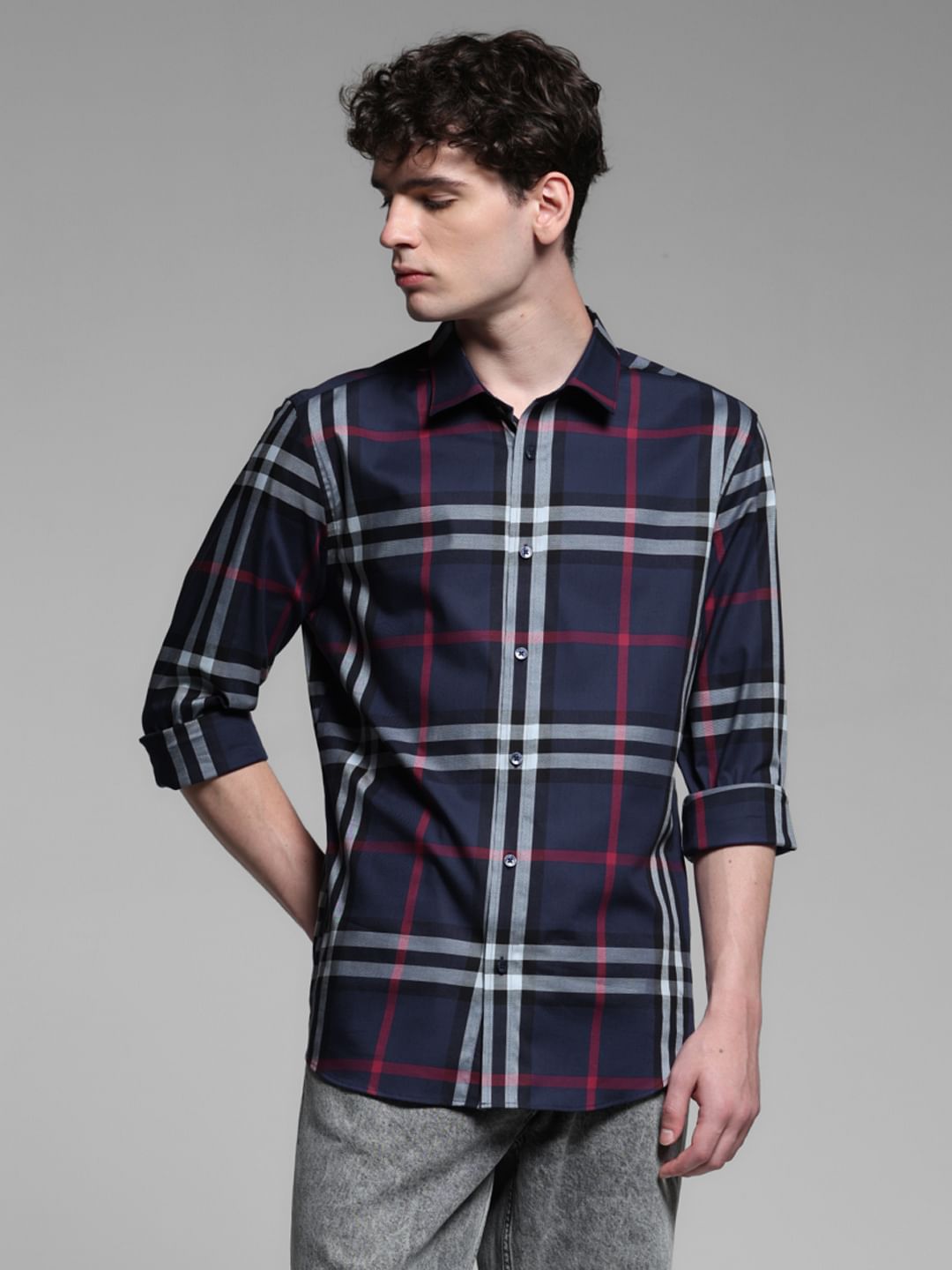 Navy Blue Check Stretch Shirt