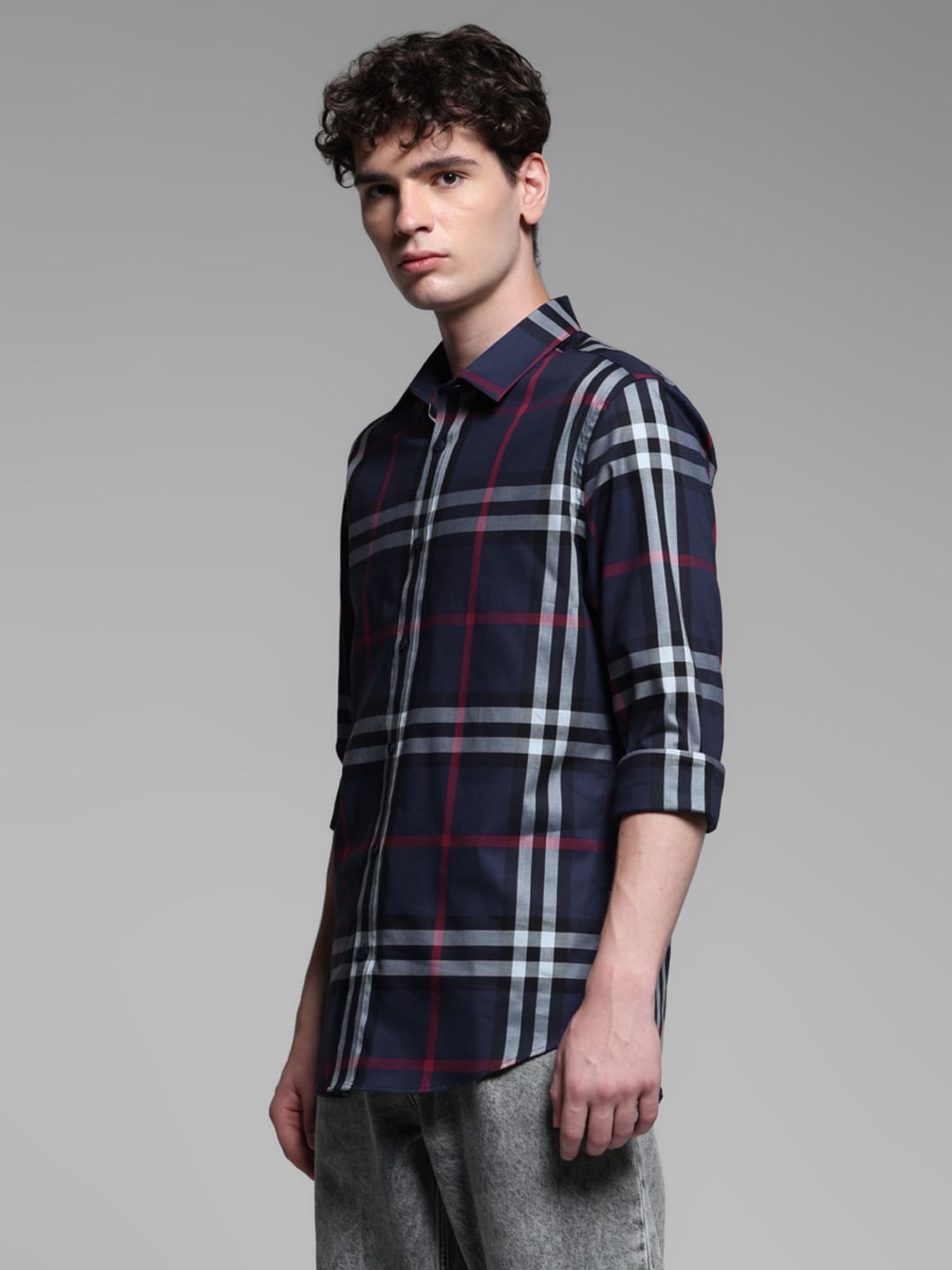 Navy Blue Check Stretch Shirt