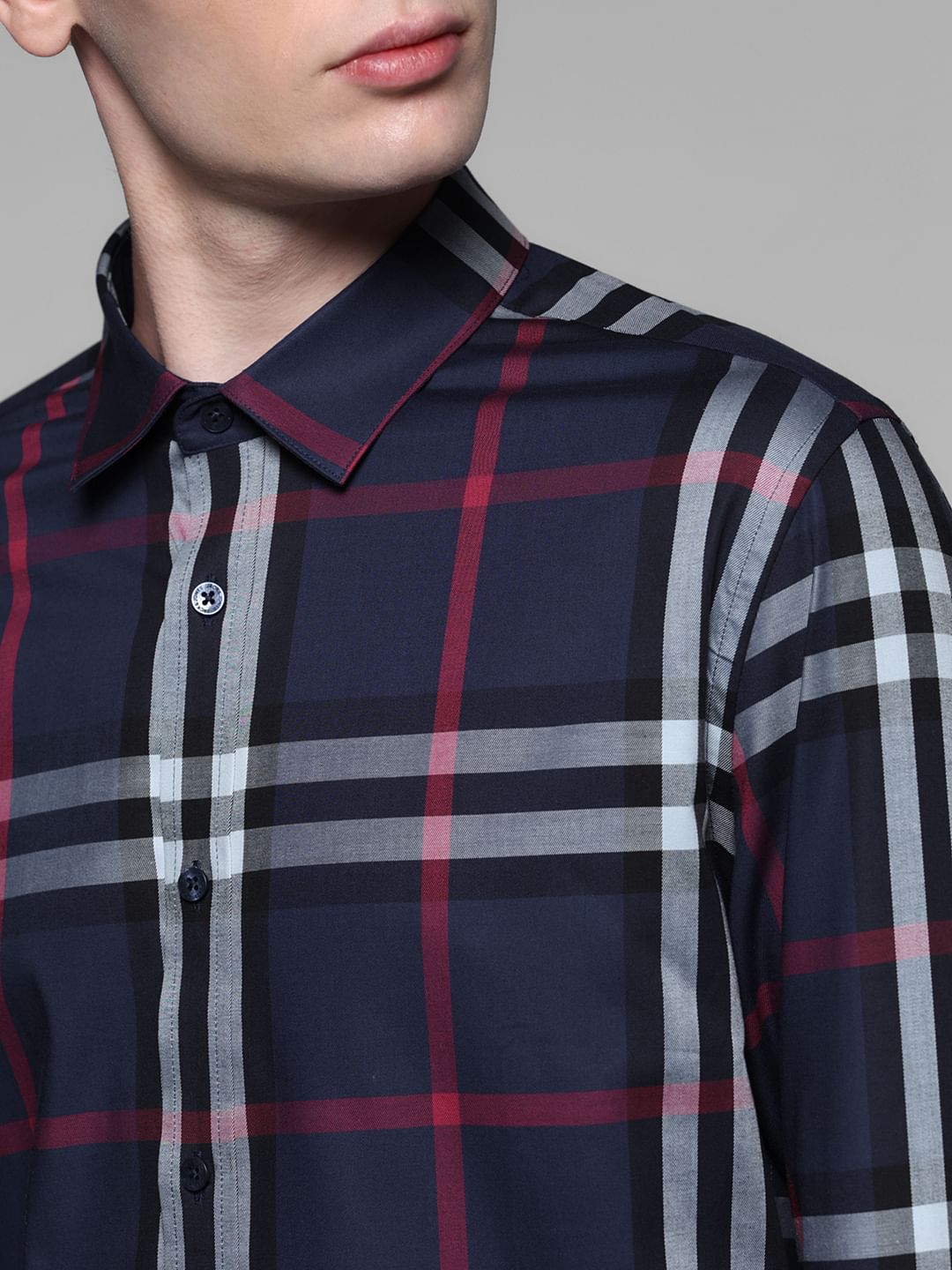 Navy Blue Check Stretch Shirt