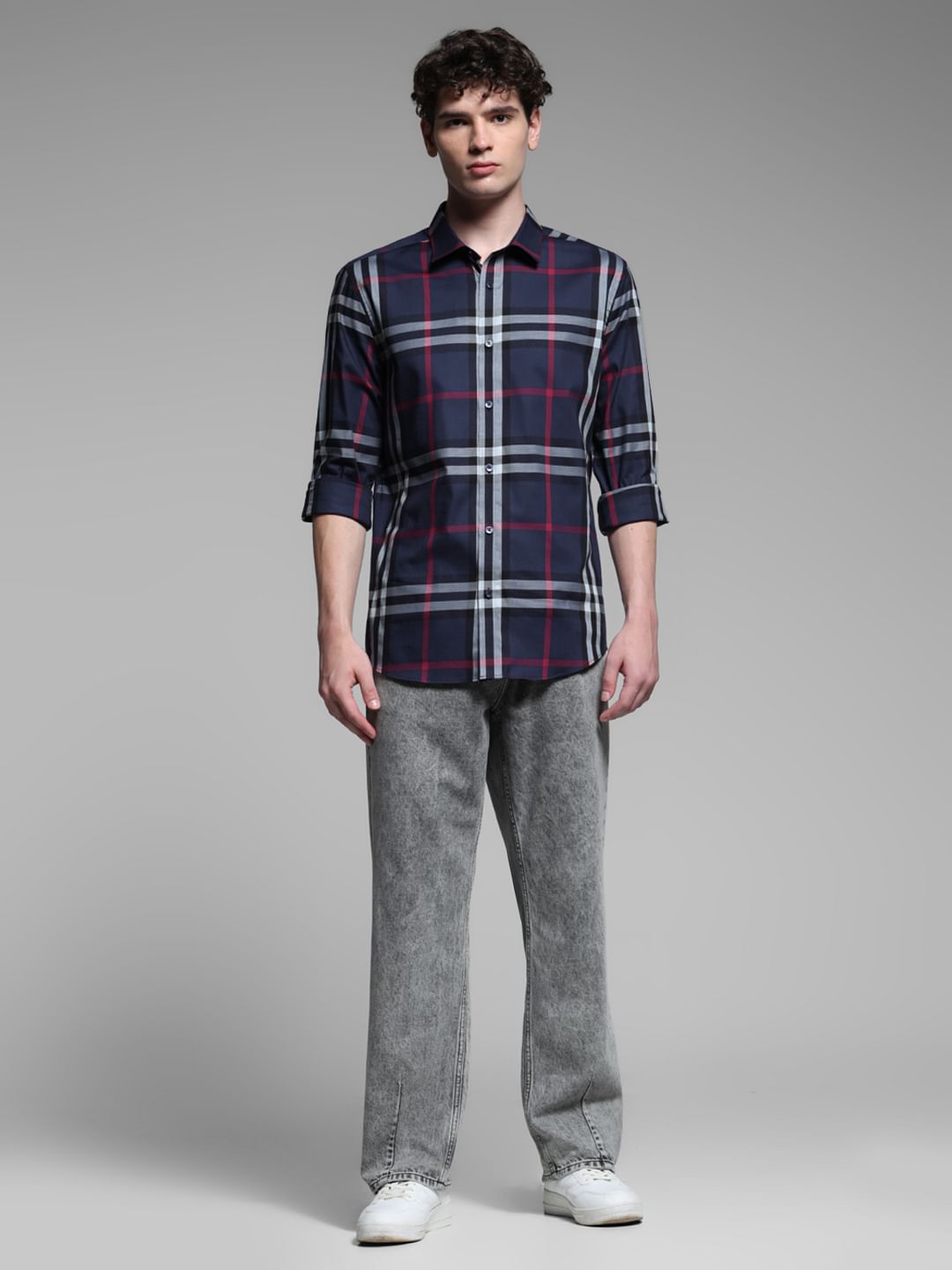 Navy Blue Check Stretch Shirt
