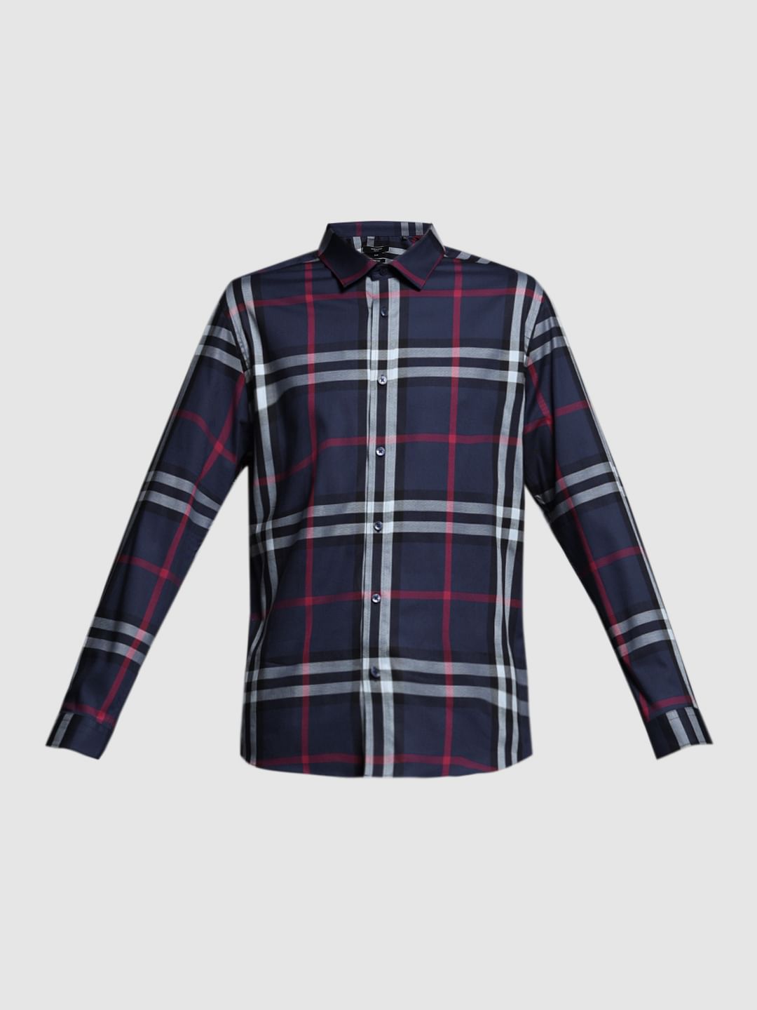 Navy Blue Check Stretch Shirt