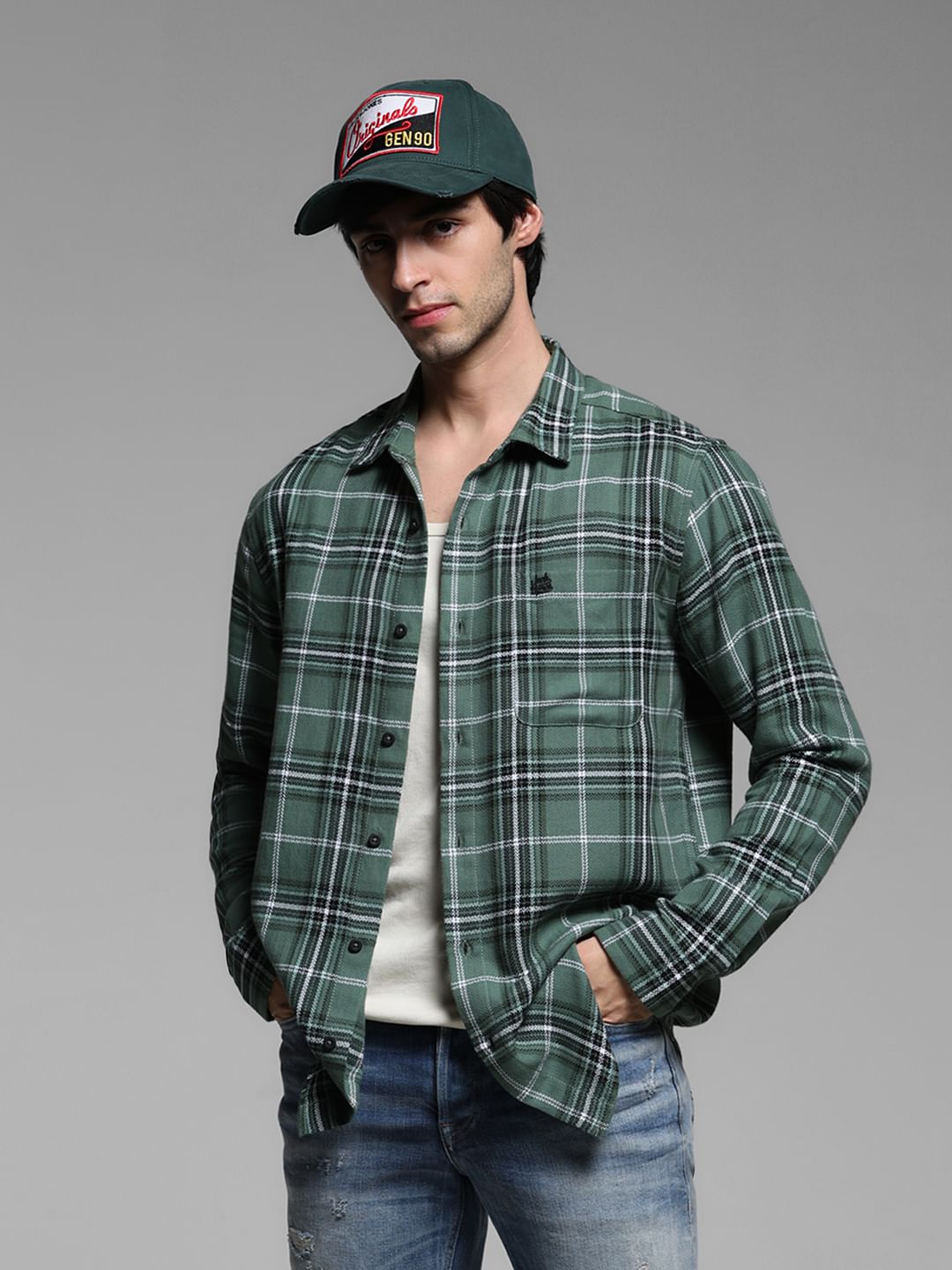 Green Check Cotton Full Sleeves Shirt - S