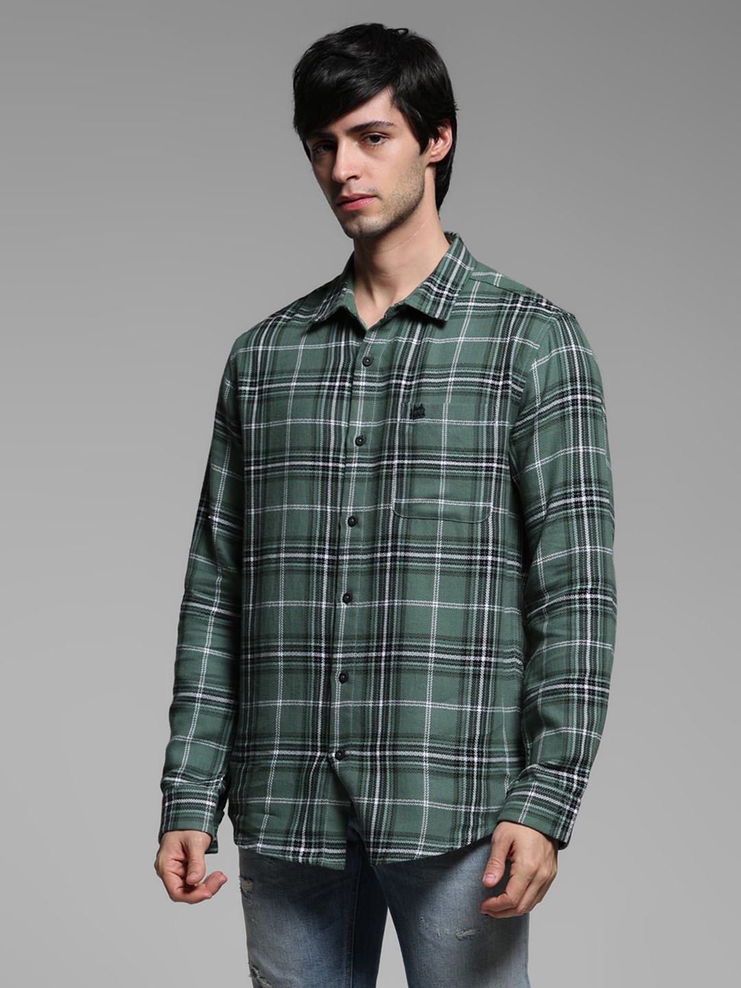 Green Check Cotton Full Sleeves Shirt