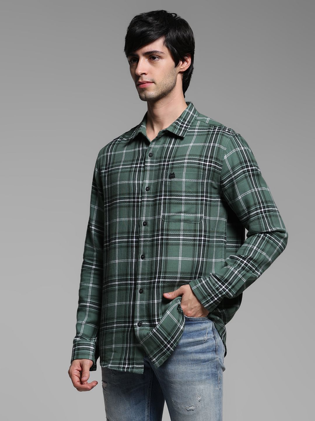Green Check Cotton Full Sleeves Shirt