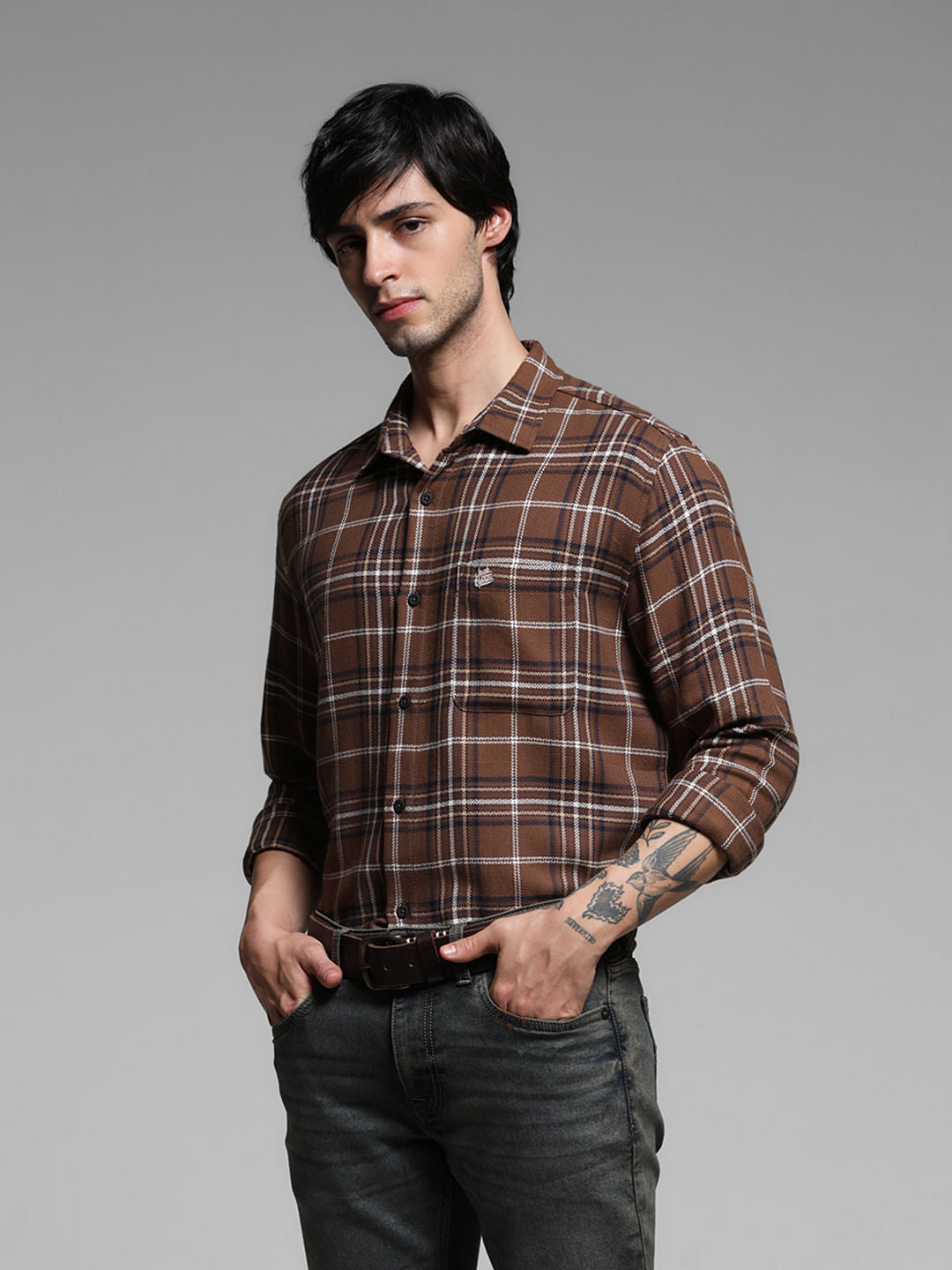 Brown Check Cotton Shirt