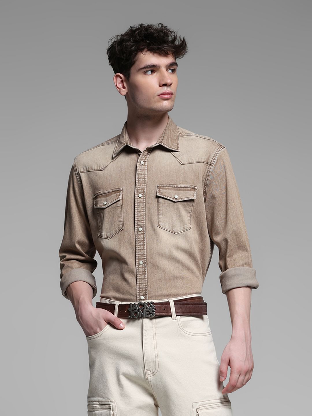 BEIGE FADED FULL SLEEVES SHIRT - S