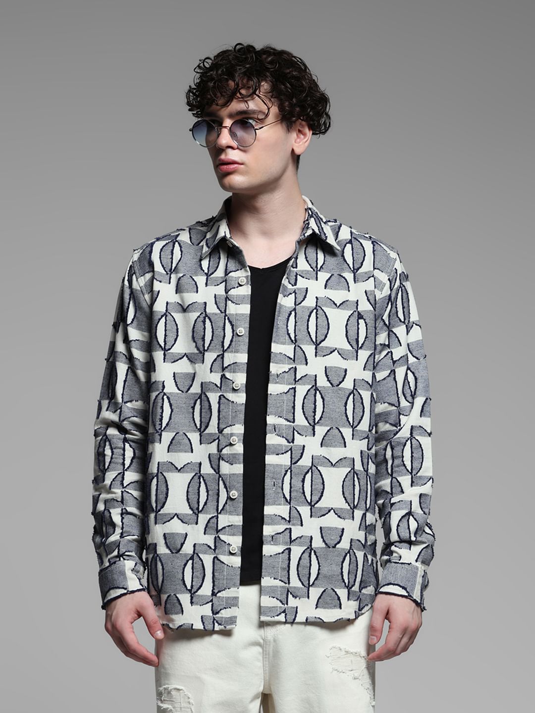 Grey Jacquard Printed Cotton Shirt