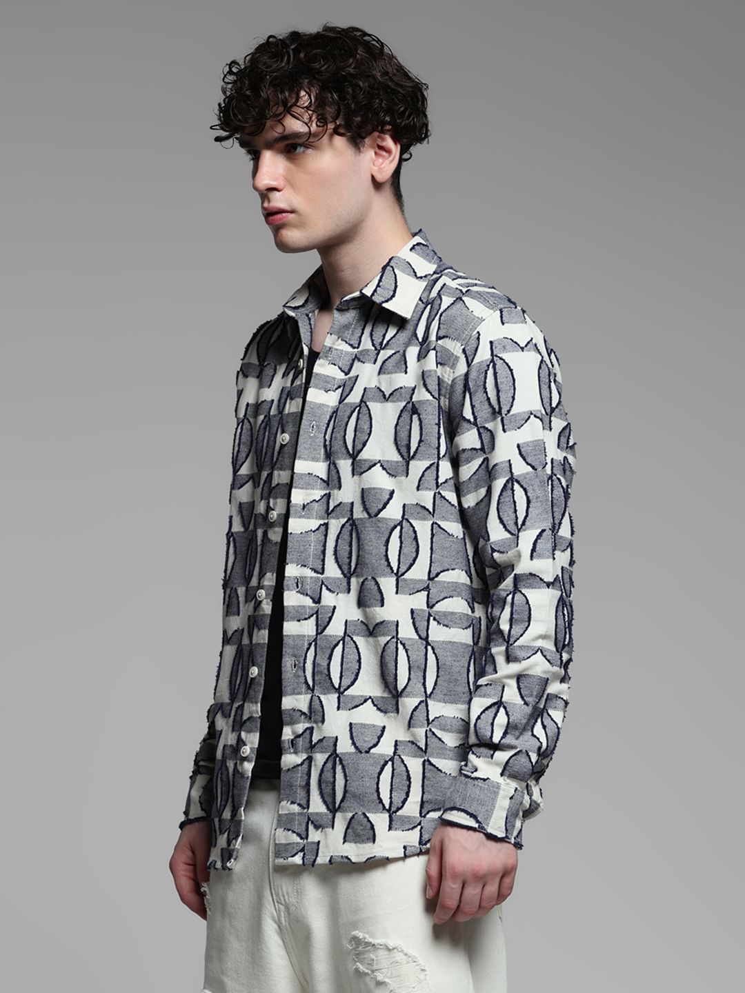 Grey Jacquard Printed Cotton Shirt