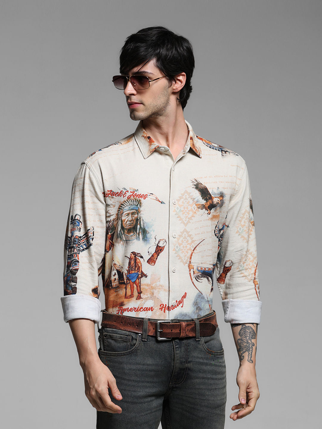 Brown Printed Cotton Full Sleeves Shirt - S