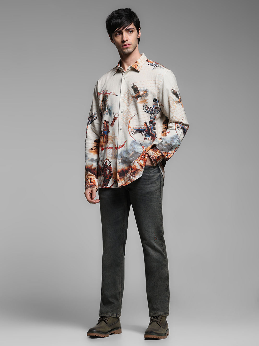 Brown Printed Cotton Full Sleeves Shirt
