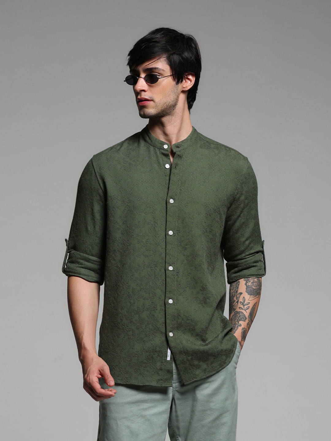 Green Floral Cotton Full Sleeves Shirt - M