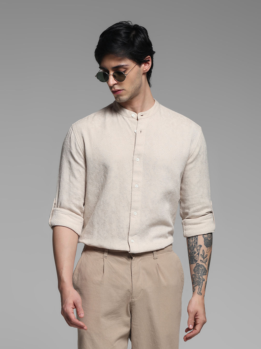 Beige Jacquard Full Sleeves Shirt - XXL