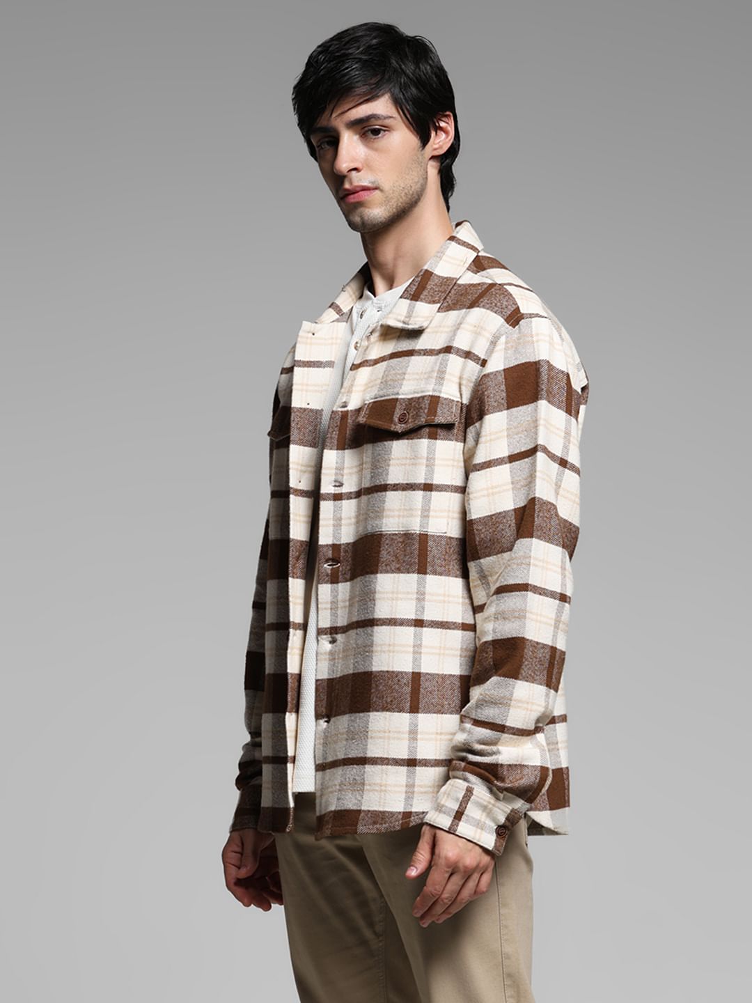 Beige Flannel Check Shacket