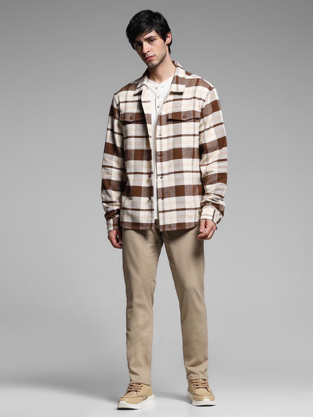 Beige Flannel Check Shacket