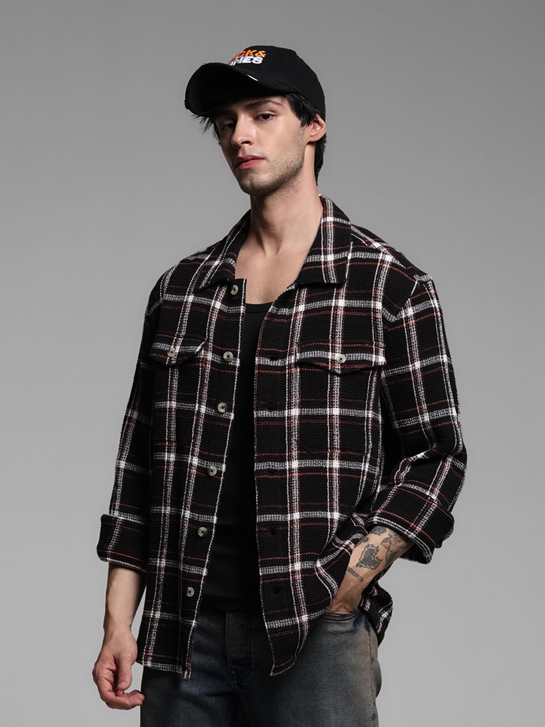 Black Waffle Check Full Sleeves Shirt - XXL