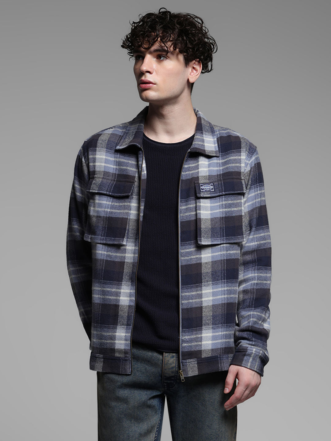 Blue Check Zip-Up Cotton Shirt