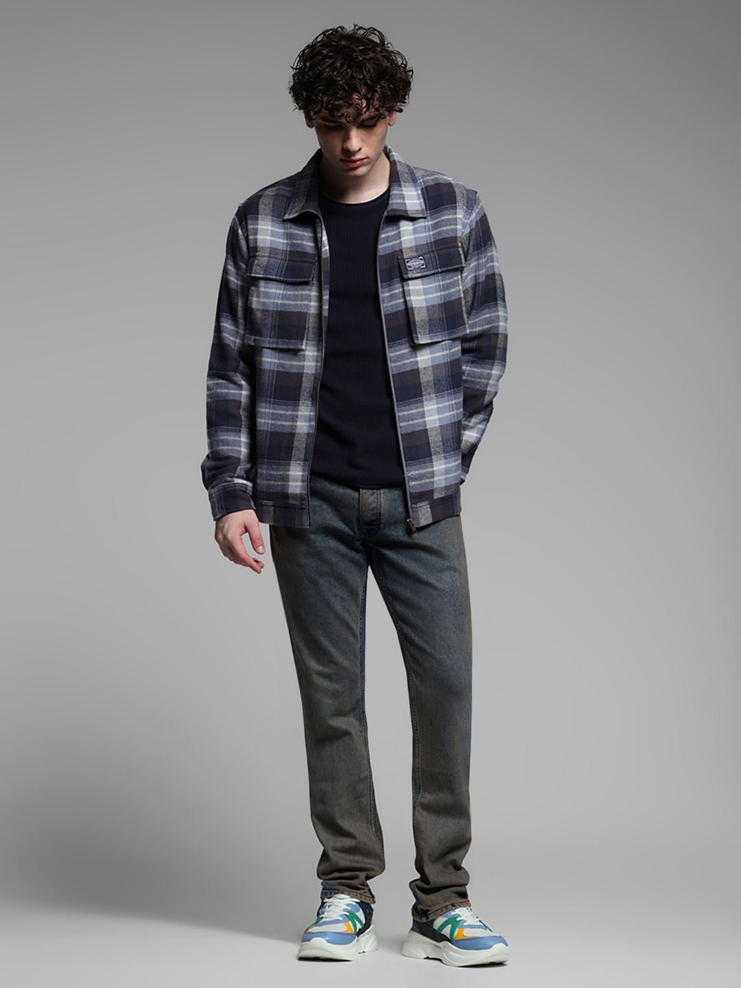 Blue Check Zip-Up Cotton Shirt
