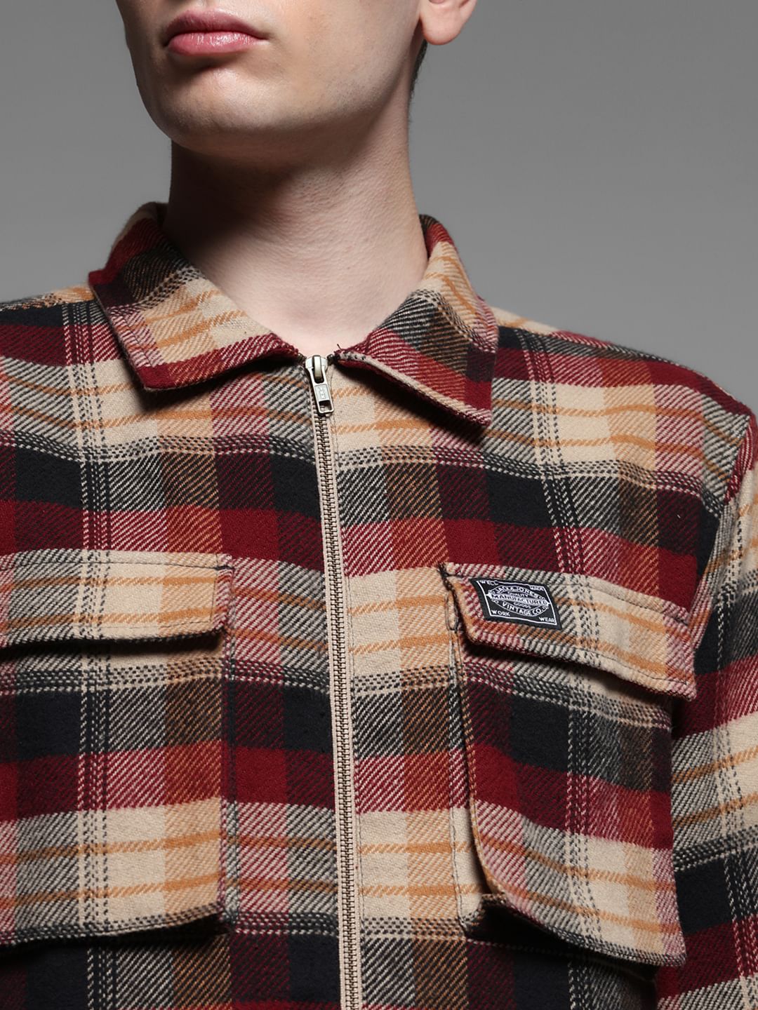 Red Check Zip-Up Cotton Shirt