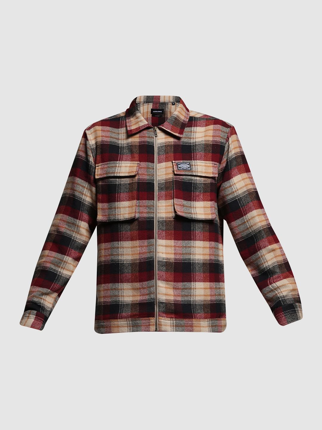 Red Check Zip-Up Cotton Shirt
