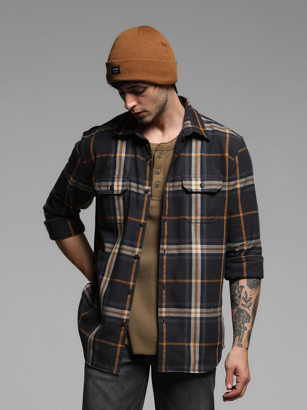 Dark Grey Check Full Sleeves Shirt - S