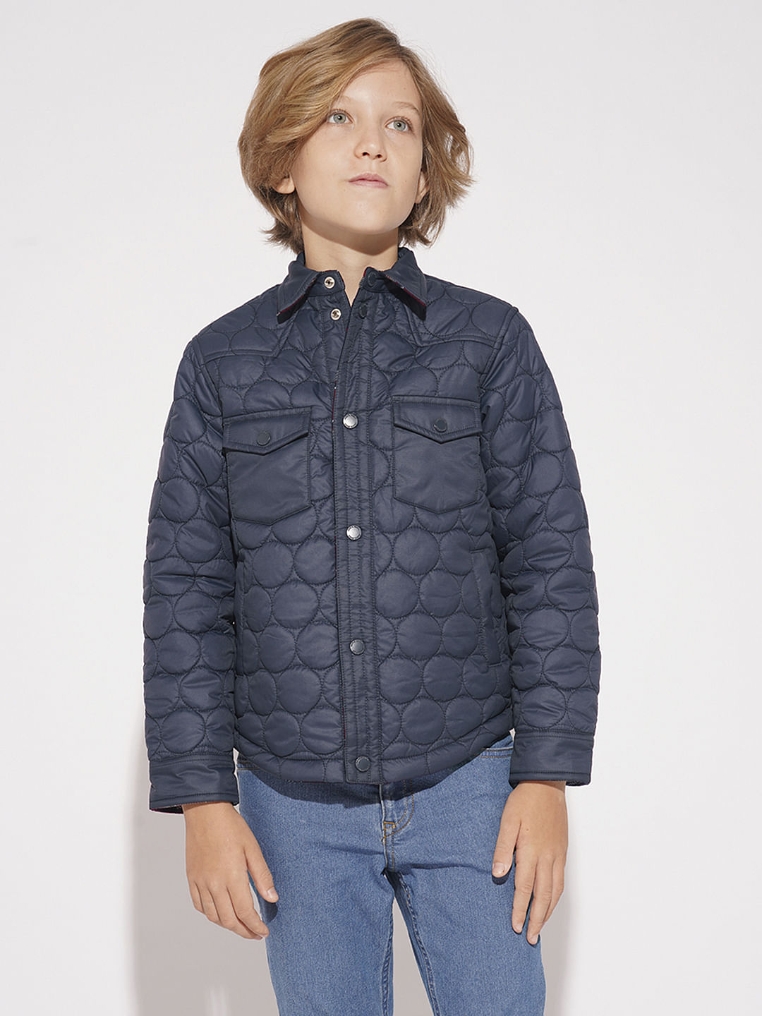 Boys Navy Blue Cotton Reversible Jacket