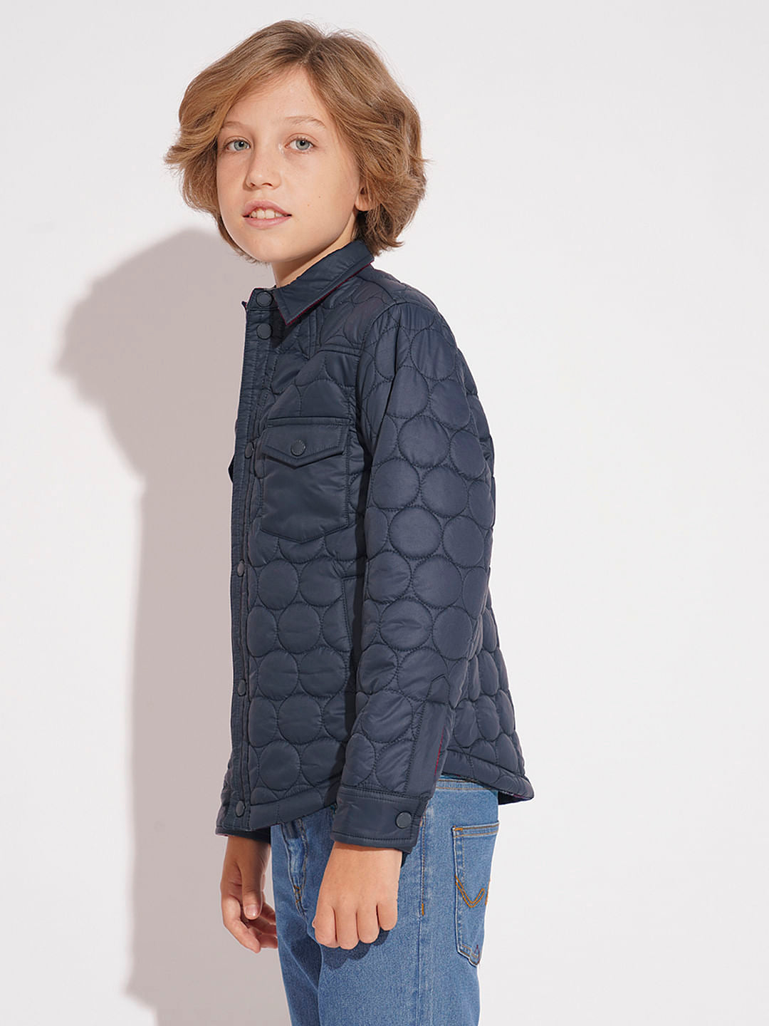Boys Navy Blue Cotton Reversible Jacket