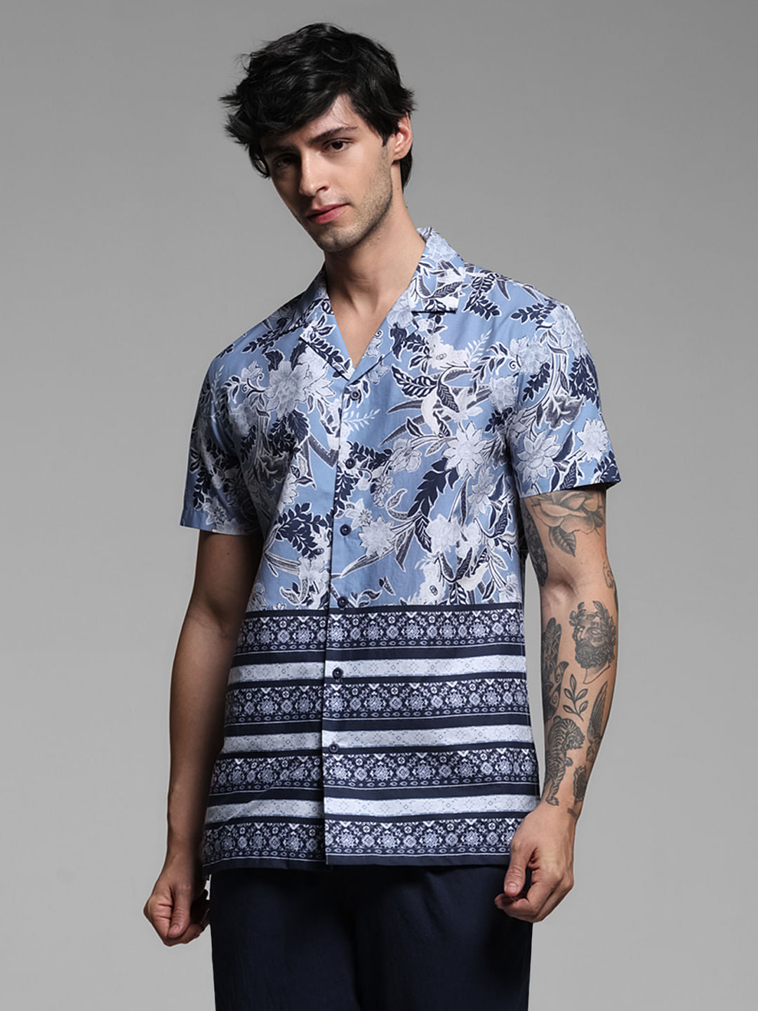 Blue Floral Short Sleeves Shirt