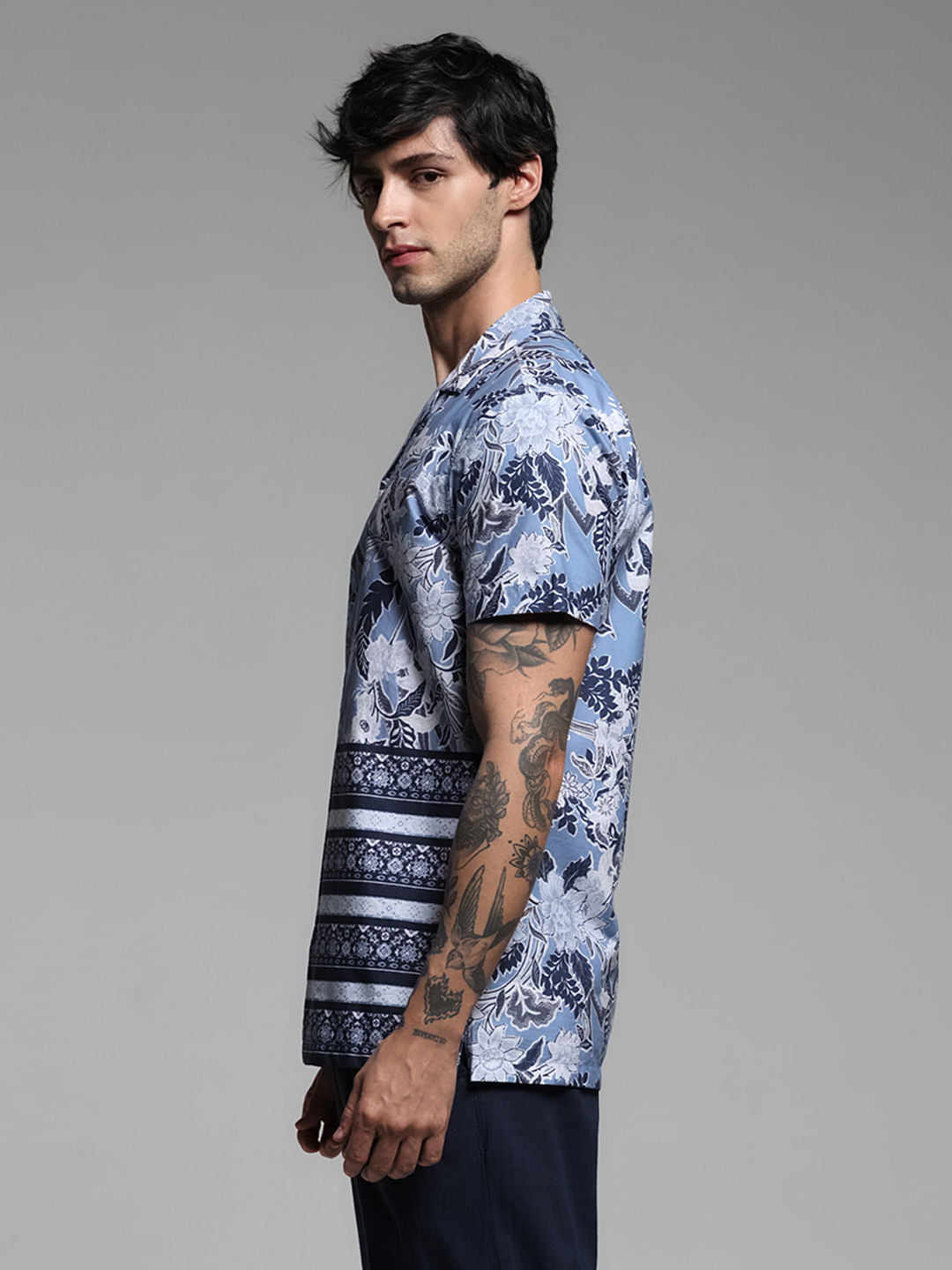 Blue Floral Short Sleeves Shirt